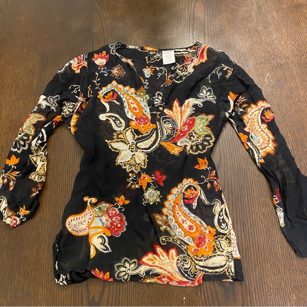 VTG Y2K Black Paisley Sheer Beaded Blouse Size Small